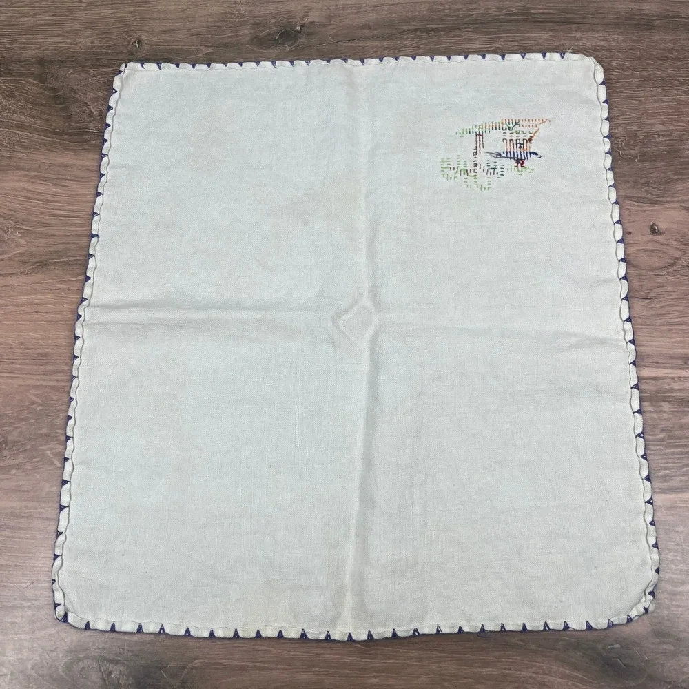 Vintage Linen Cross Stitch Embroidered Pagoda Willow Napkins Cream Set of 3